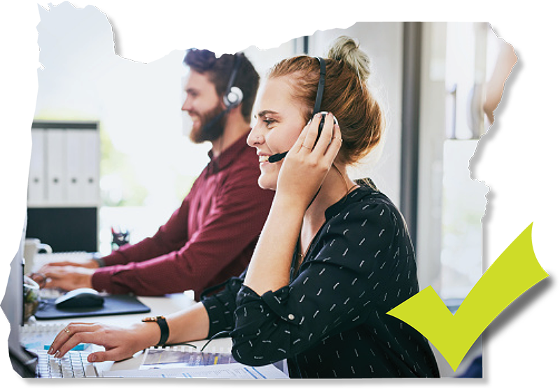 A green smiley face wearing a headset, outlined in the border of the state of Oregon