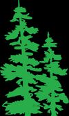 A bright green single-color illustration of tall coniferous trees